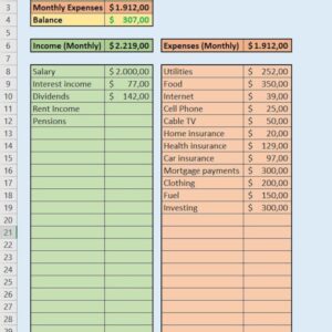 Simple Personal Monthly Income and Expenses Statement in Excel - Easy Monthly Budget Spreadsheet W/ Built-in Calculation - diff. Currencies