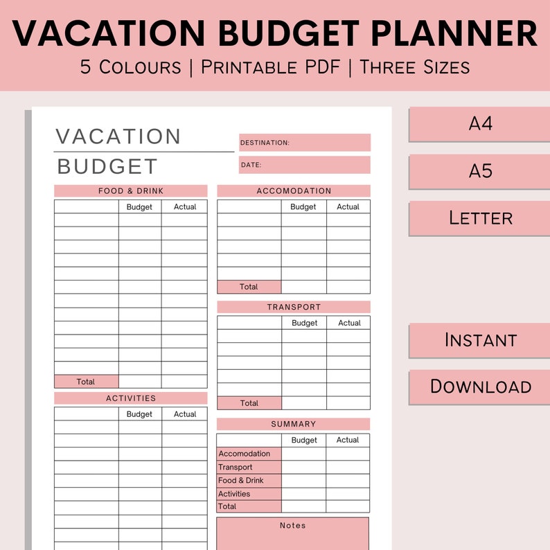 Vacation Budget Planner | Printable Holiday Spreadsheet | Budget Log | Travel Expense Tracker | Trip Planner | PDF | A4 | A5 | Letter