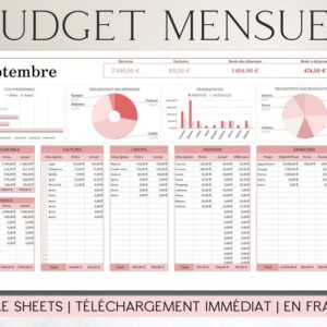 MONTHLY BUDGET PLANNER in French/Pink | Google Sheets | Planner Budget Template Finance Tracker Budget Spreadsheet Financial Planner
