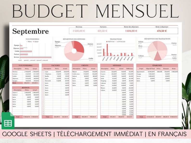MONTHLY BUDGET PLANNER in French/Pink | Google Sheets | Planner Budget Template Finance Tracker Budget Spreadsheet Financial Planner MONTHLY BUDGET PLANNER in French/Pink | Google Sheets | Planner Budget Template Finance Tracker Budget Spreadsheet Financial Planner