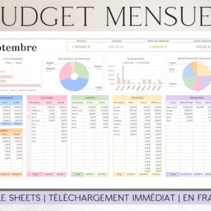 MONTHLY BUDGET PLANNER in French/Pastel | Google Sheets | Planner Budget Template Finance Tracker Budget Spreadsheet Financial Planner