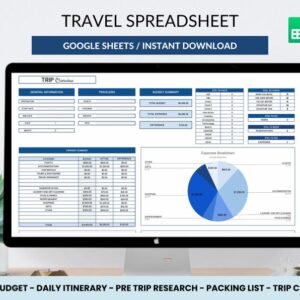 Digital Travel planner travel spreadsheet vacation google sheet editable travel template daily itinerary travel budget planner packing list