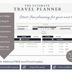 Digital Travel Planner for Excel | Editable template | Excel spreadsheet | travel budget, packing list, travel itinerary | Neutral palette