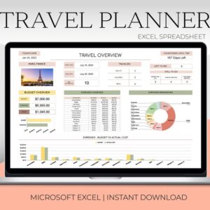 Travel Planner Excel Spreadsheet | Travel Budget Template| Travel Itinerary Vacation Planner Editable Excel File | Holiday Organizer