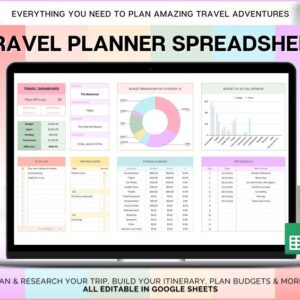Travel Spreadsheet, Digital Travel Planner, Travel Journal, Trip Itinerary Template, Vacation Travel Budget, Packing List, Google Sheets