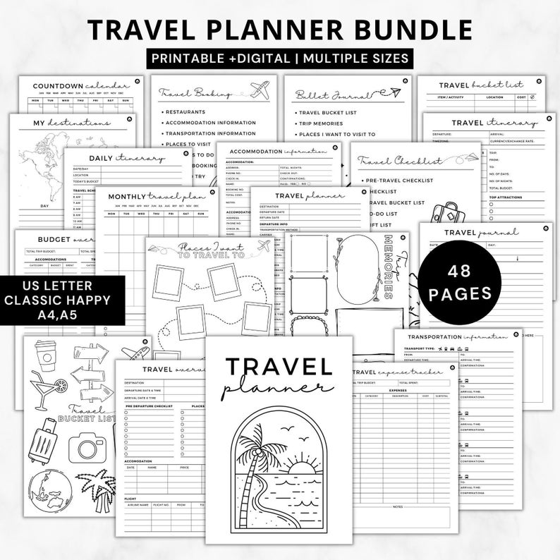 Ultimate Travel planner bundle printable Travel itinerary printable,Travel journal Vacation planner templates digital Family trip planner a4