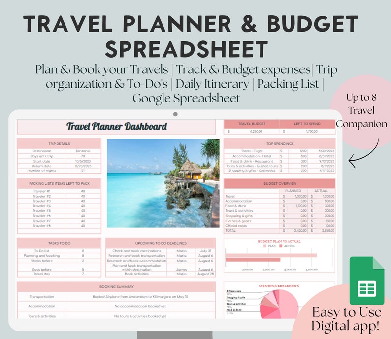 Travel Planner Spreadsheet Template Family Travel Spreadsheet Vacation planner Editable Travel Budget Spreadsheet Travel Checklist Travel Planner Spreadsheet Template Family Travel Spreadsheet Vacation planner Editable Travel Budget Spreadsheet Travel Checklist