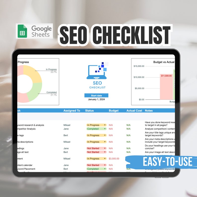 SEO Checklist & guide - Search Engine Optimization - Increase Website Traffic 2024 | Google Sheets SEO Planner Template