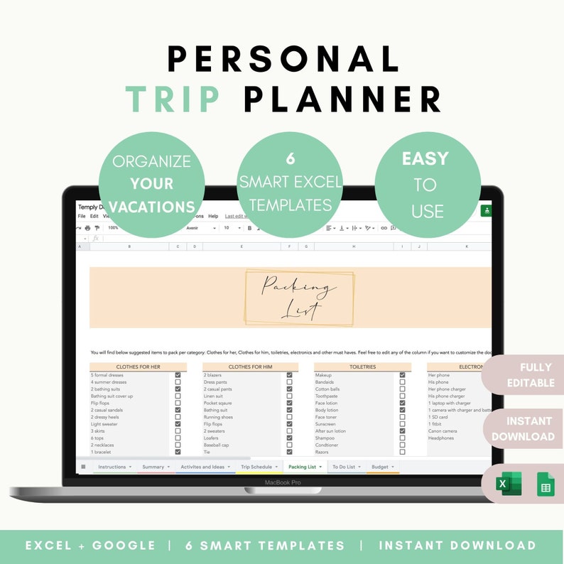 Trip Planner Spreadsheet, Travel Planner Excel and Google Sheets, 2024 Vacation Packing Checklist List, Budget Tracker, Itinerary Activity
