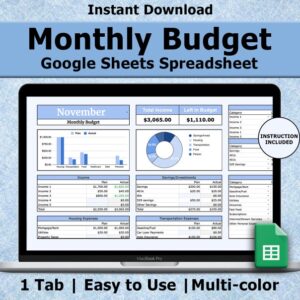 Monthly Budget Spreadsheet for Google Sheets | Financial Planner Spreadsheet | Excel Spreadsheet | Personal Finance Template | All in one