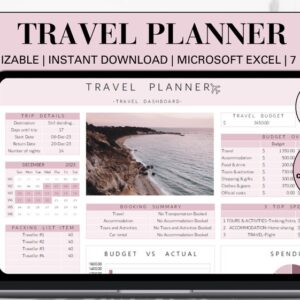 Travel Planner, Excel Spreadsheet Template, Travel Budget, Packing List, Travel Organizer, Digital Planner
