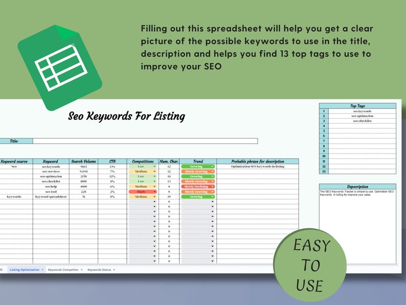 Seo optimization keywords spreadsheets in Google Sheet. SEO Optimization Listing, Competitor Keywords Tracker, Keyword Insights Powerhouse Seo optimization keywords spreadsheets in Google Sheet. SEO Optimization Listing, Competitor Keywords Tracker, Keyword Insights Powerhouse - Image 2