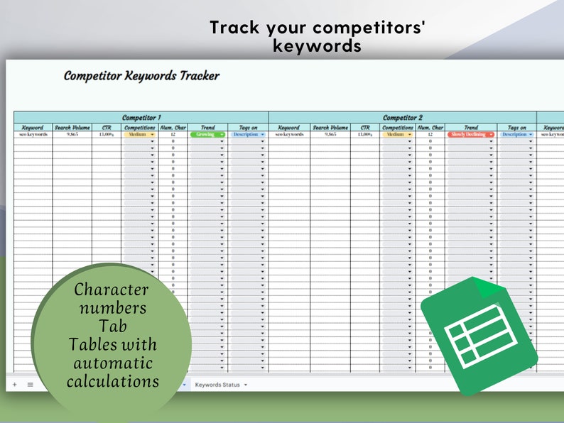 Seo optimization keywords spreadsheets in Google Sheet. SEO Optimization Listing, Competitor Keywords Tracker, Keyword Insights Powerhouse Seo optimization keywords spreadsheets in Google Sheet. SEO Optimization Listing, Competitor Keywords Tracker, Keyword Insights Powerhouse - Image 3