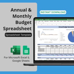 Annual & Monthly Budget Spreadsheet for Microsoft Excel / Google Sheets - Track Income and Expenses Monthly/Annually, Personal Finance