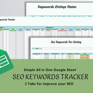 Seo optimization keywords spreadsheets in Google Sheet. SEO Optimization Listing, Competitor Keywords Tracker, Keyword Insights Powerhouse
