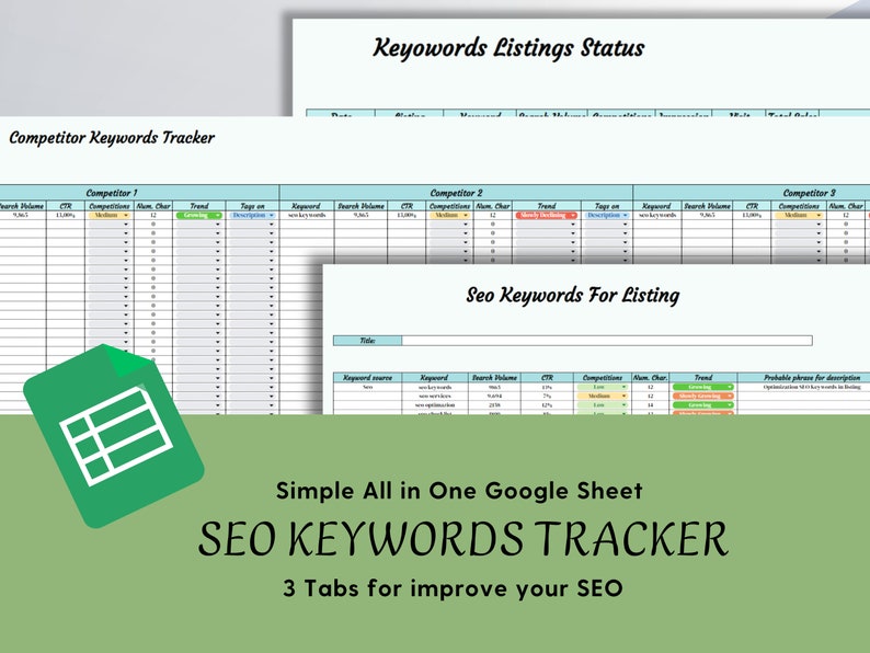 Seo optimization keywords spreadsheets in Google Sheet. SEO Optimization Listing, Competitor Keywords Tracker, Keyword Insights Powerhouse Seo optimization keywords spreadsheets in Google Sheet. SEO Optimization Listing, Competitor Keywords Tracker, Keyword Insights Powerhouse