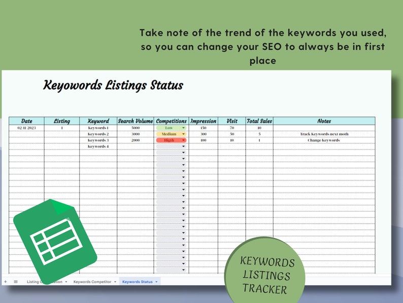 Seo optimization keywords spreadsheets in Google Sheet. SEO Optimization Listing, Competitor Keywords Tracker, Keyword Insights Powerhouse Seo optimization keywords spreadsheets in Google Sheet. SEO Optimization Listing, Competitor Keywords Tracker, Keyword Insights Powerhouse - Image 4