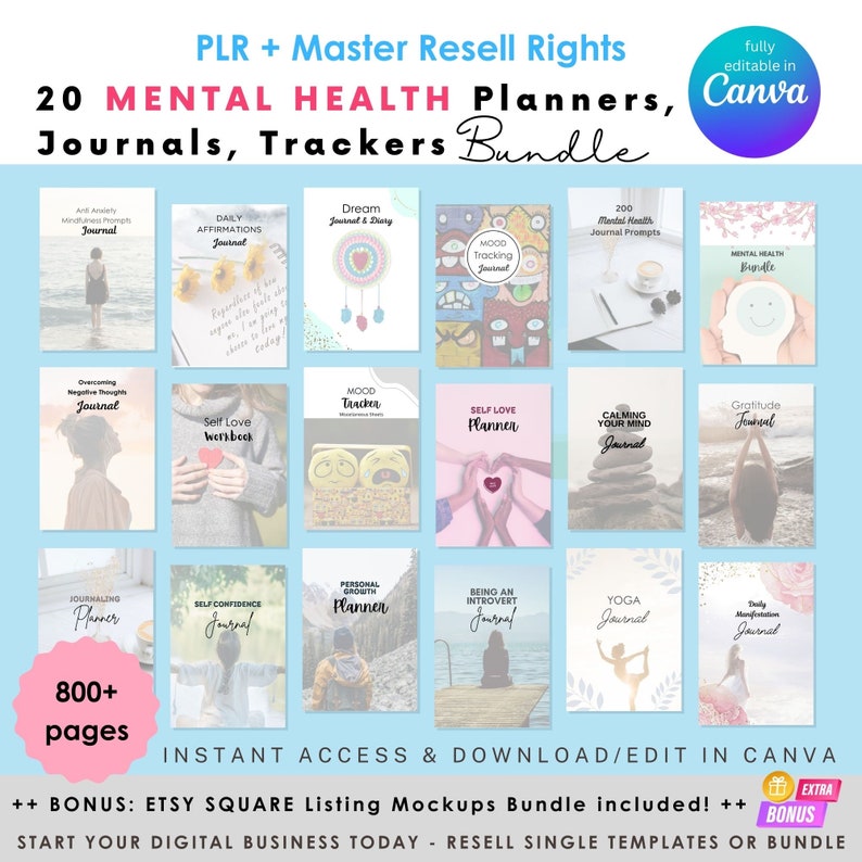 PLR Mental Health journals planners trackers bundle, 20 Canva templates with 800+ pages Done-for-you, PLR + MRR included, commercial use