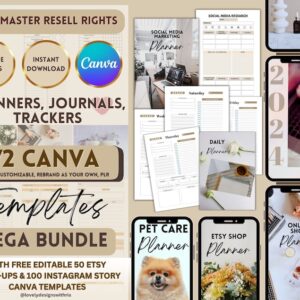 72 Canva PLR Templates, PLR Digital Planners, Journals, Trackers, Master Resell Rights, Canva Template Bundles, Digital Products Resell, Mrr