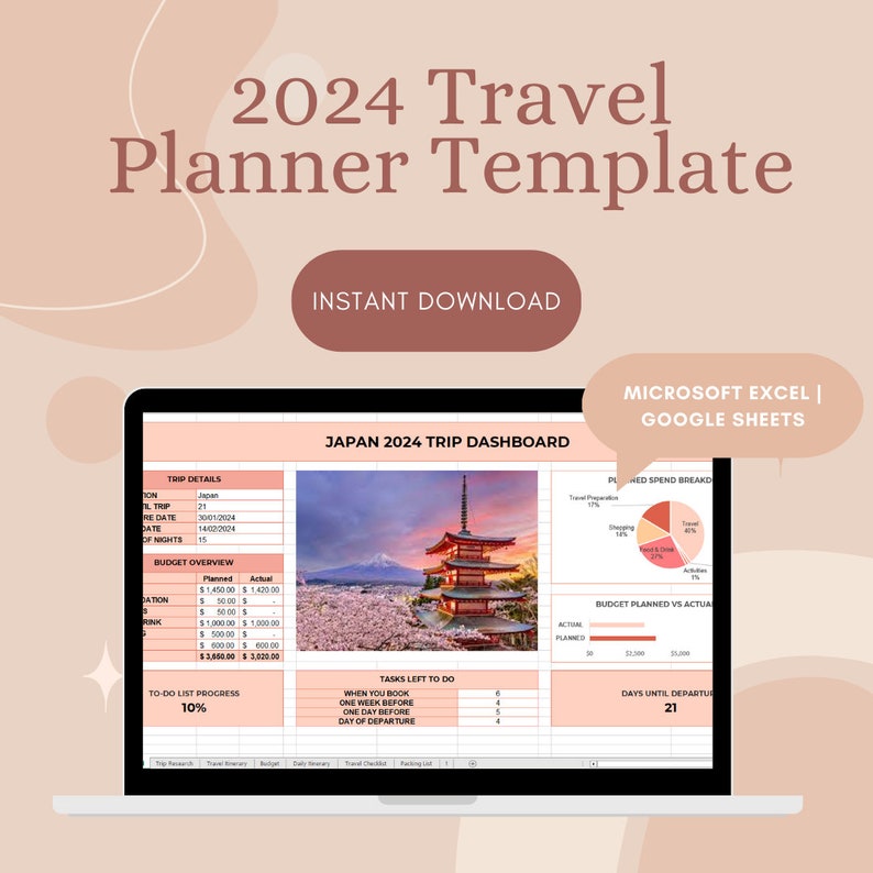 Travel Planning Template, Digital Holiday Plan & Itinerary Template for Excel, Trip Organizer, To-Do Checklist and Budget Planning Tool