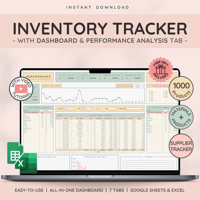 Inventory Tracker & Management for Small Business | Product and Materials Inventory Template | Reseller Spreadsheet | Bookkeeping Template
