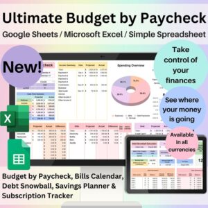 Ultimate Budget by Paycheck Spreadsheet Google Sheets Excel Template Weekly Biweekly Financial Planner Debt Snowball Subscription Tracker