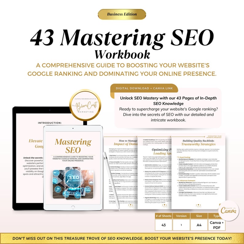 The Ultimate SEO Workbook | Website Optimization Guide | Dominate Your Website's Search Rankings | Editable Canva Template