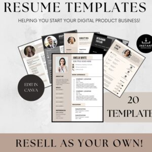 20 Resume Templates Canva with Private Resell Rights, PLR Resumes, Done For You Content, Resell as Your Own, Canva Editable, Career Coaches