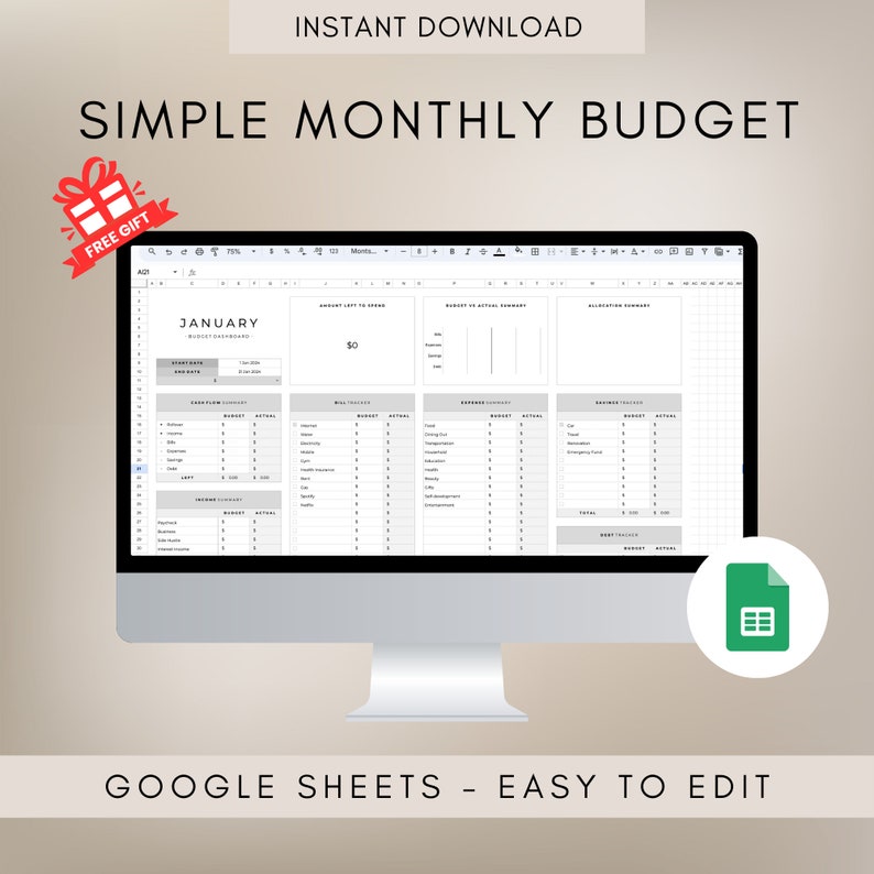 Simple Monthly Budget Google Spreadsheet - Google Sheet Budget Template - Digital Expense Tracker - Financial Tracker for Business