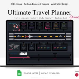 Travel Planner Google Sheets, Travel Itinerary, Travel Packing List, Trip Expense Tracker, Vacation Planner, Holiday Planner, Dark mode