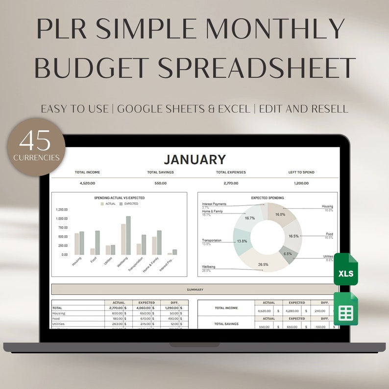 MRR Simple Monthly Budget Excel, Personal Budget Spreadsheet, Bill Tracker, PLR Income and Expenses, PLR Digital Products, Bill Tracker, Dfy