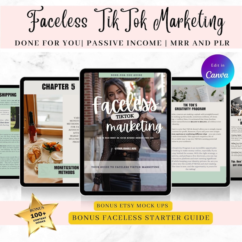 Tiktok Faceless Digital Marketing: A Guide to Faceless Instagram Profits - DFY- Done For You, Resell. With Bonus Canva Book PLR and MRR
