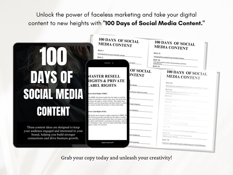 100 days of social media content ideas ebook, faceless digital marketing, content ideas, mrr plr, social media content, ebook template, smm 100 days of social media content ideas ebook, faceless digital marketing, content ideas, mrr plr, social media content, ebook template, smm - Image 4