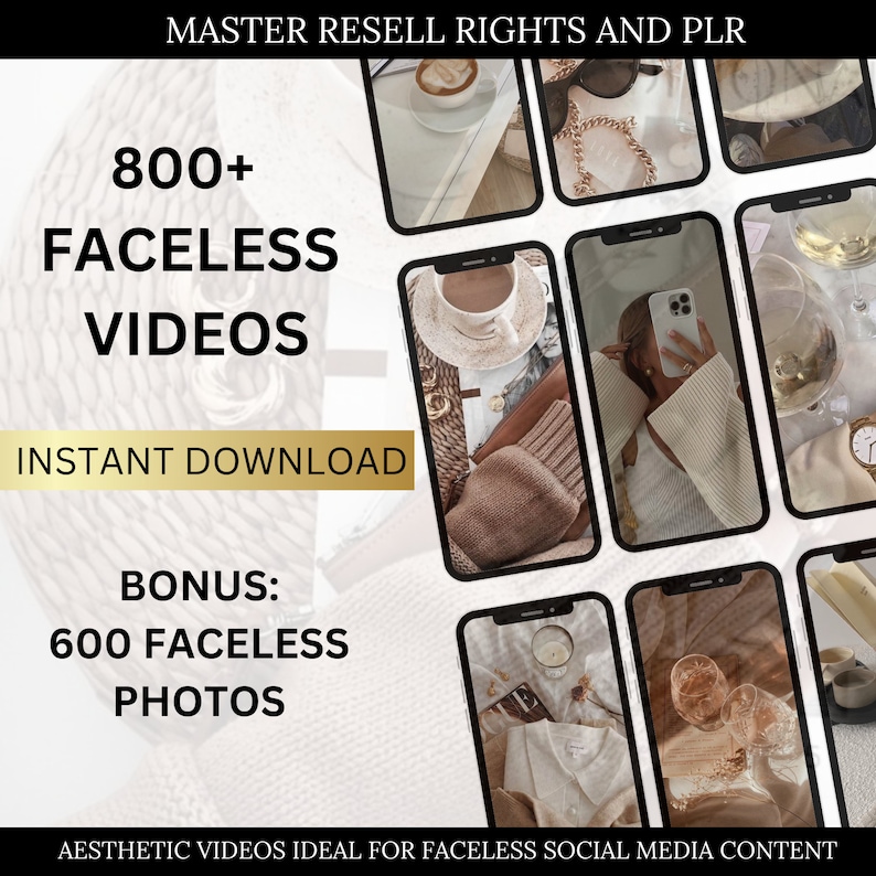 MRR & PLR Over 800 Faceless Stock Video Reels for Social Media, Instagram, TikTok, Aesthetic Marketing Bundle, DFY Social Media Content