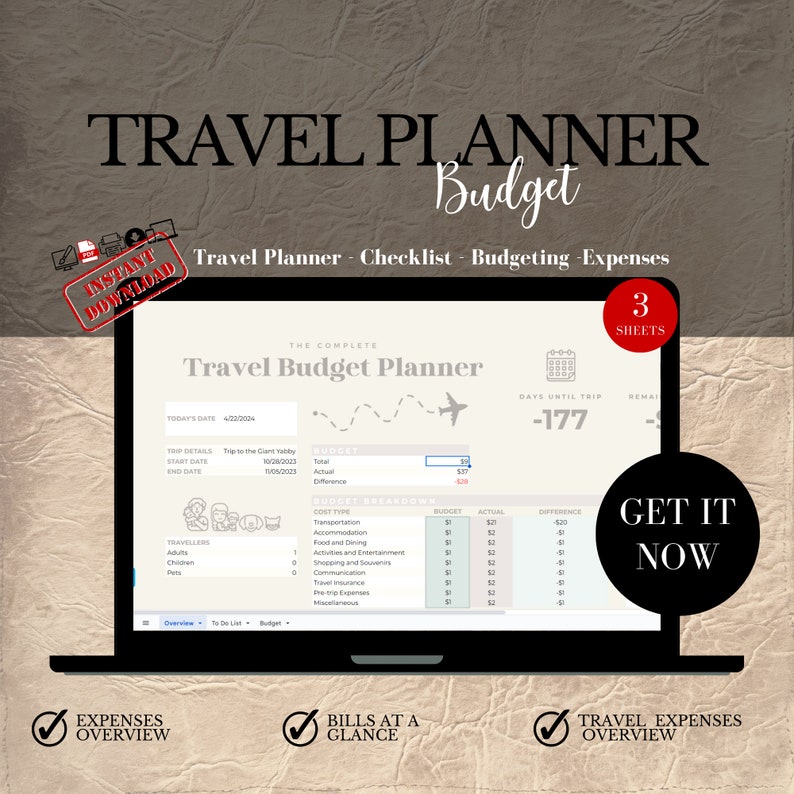 Digital Travel Planner Spreadsheet Template for Google Sheets: Vacation Budget Tracker, Trip Itinerary, Packing List, Checklist, Bucket List