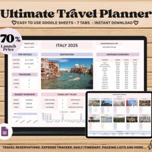 Travel Planner Google Sheets, Travel Itinerary Template, Travel Budget Spreadsheet, Digital Packing List, Road Trip Planner, Holiday Planner