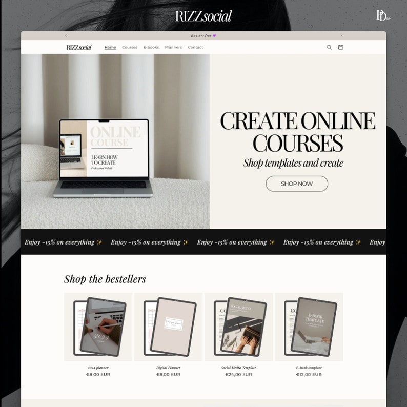 Shopify Theme for Selling Digital Products in Luxe Beige and Black Design, Feminine Website Design for Planners, Editable Canva Templates