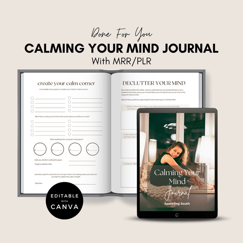 Calming Your Mind Journal | Mental Health Planner | Master Resell Rights | Mindfulness Journal | Self-Care Worksheet | PLR Digital Products.