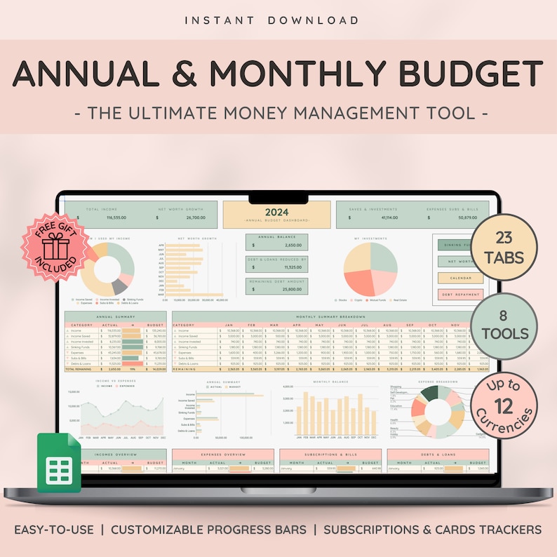 Annual Budget Planner & Monthly Budget Template for Google Sheets | Financial Planner | Bill Tracker and Debt Tracker