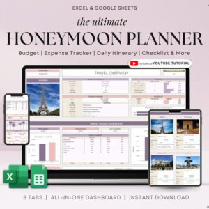 Honeymoon Travel Planner Google Sheets Excel Holiday Organizer Travel Budget Spreadsheet Travel Itinerary Vacation Planner Packing List
