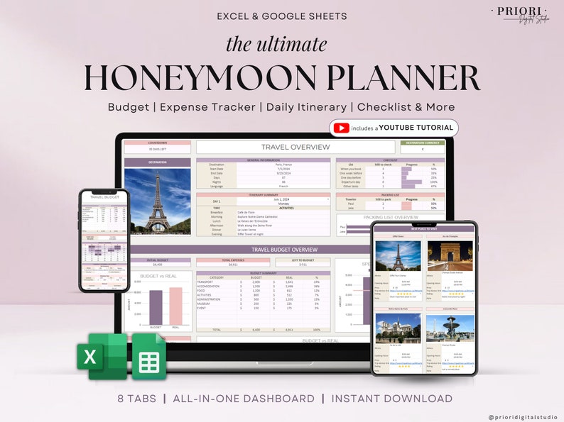 Honeymoon Travel Planner Google Sheets Excel Holiday Organizer Travel Budget Spreadsheet Travel Itinerary Vacation Planner Packing List Honeymoon Travel Planner Google Sheets Excel Holiday Organizer Travel Budget Spreadsheet Travel Itinerary Vacation Planner Packing List