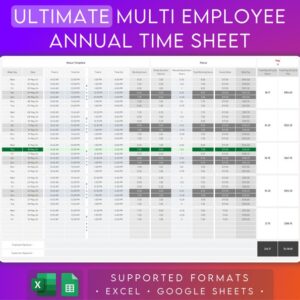 Multiple Employee Payroll Timesheet Excel & Google Sheets | 2024 Full Year Employee Time Tracking | Weekly Bi-Weekly Monthly Pay Calculator