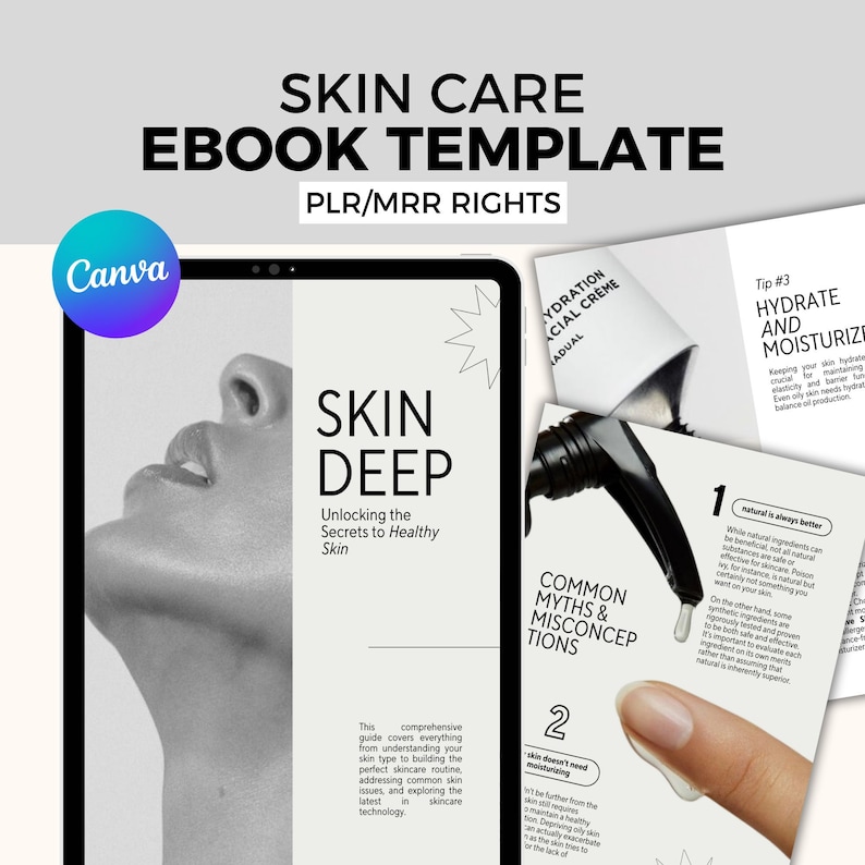 PLR Ebook Template for Canva - Skincare Guide with PLR & MRR Rights - Resell Ready Digital Download