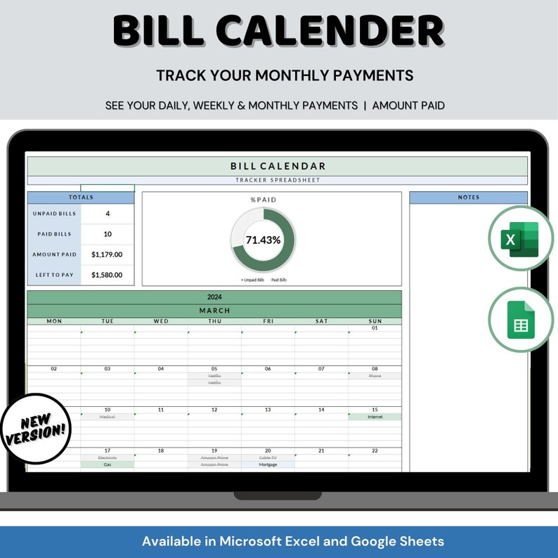 bill Calendar tracker Spreadsheet Monthly Bill Planner Payment Dashboard editable calendar checklist Personal Finance google sheets