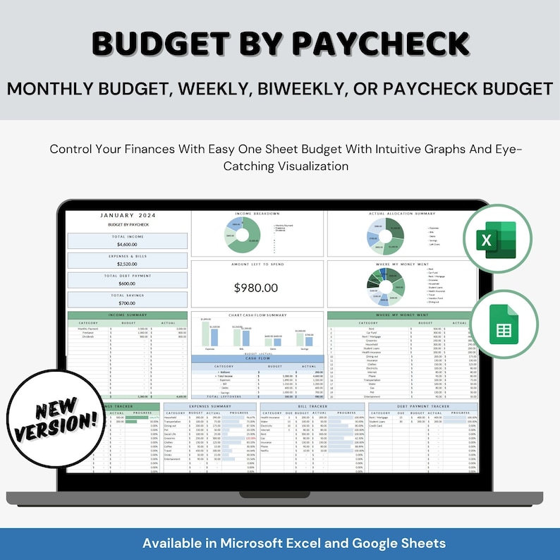 Budget by paycheck spreadsheet Monthly Budget Financial Planner Debt payoff Tracker Weekly Biweekly saving bill Expense Goal Tracker