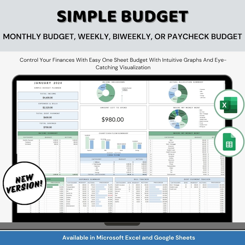 Budget planner Excel Spreadsheet Monthly Budget by Paycheck google sheets Weekly financial expense Debt bill Tracker Budgeting template