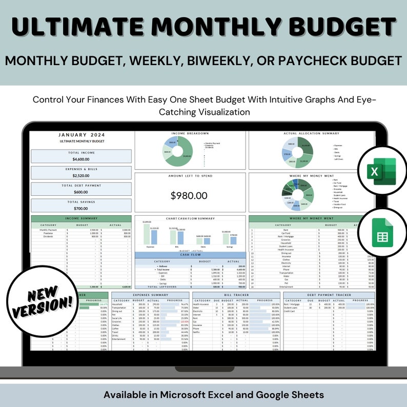 Ultimate Budget Planner Google Sheets paycheck Monthly Budget excel Spreadsheet Personal Finances Expense Tracker Weekly biweekly Budgeting