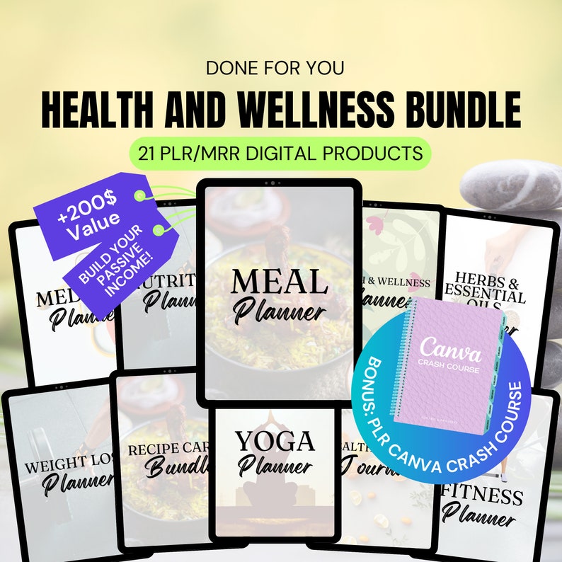 PLR Health and Wellness Bundle with Master Resell Right, PLR Digital Products, MRR, Meal Planner, Fitness Planner, Yoga, Weight Loss Journal