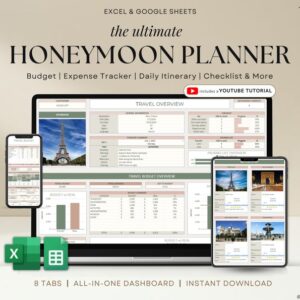 Honeymoon Travel Planner Google Sheets Excel Holiday Organizer Travel Budget Spreadsheet Travel Itinerary Vacation Planner Packing List