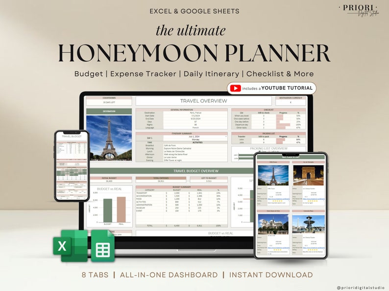 Honeymoon Travel Planner Google Sheets Excel Holiday Organizer Travel Budget Spreadsheet Travel Itinerary Vacation Planner Packing List Honeymoon Travel Planner Google Sheets Excel Holiday Organizer Travel Budget Spreadsheet Travel Itinerary Vacation Planner Packing List